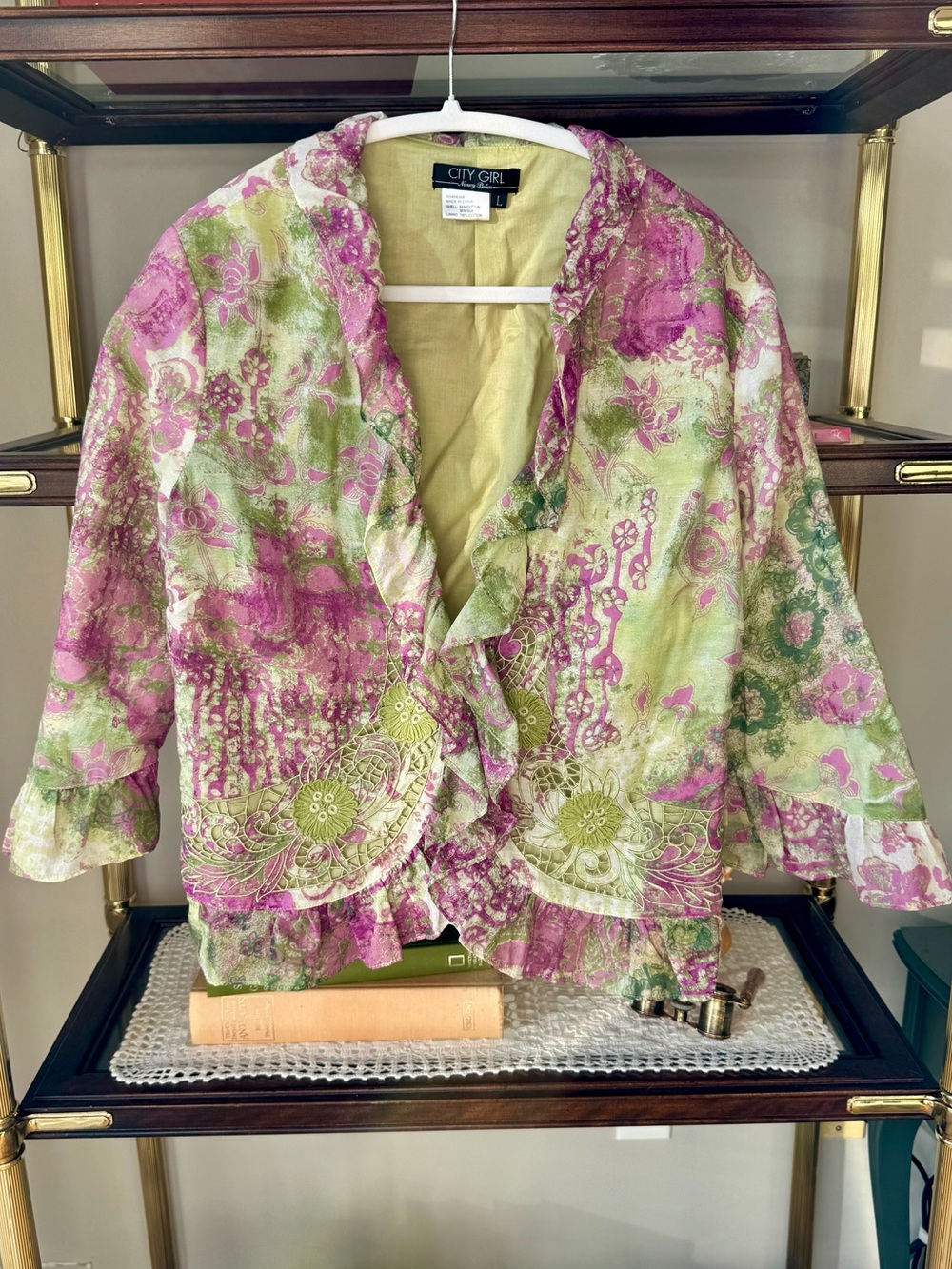 Vintage City Girl Nancy Bolen Pink Green Silk Blend Ruffle Blazer L